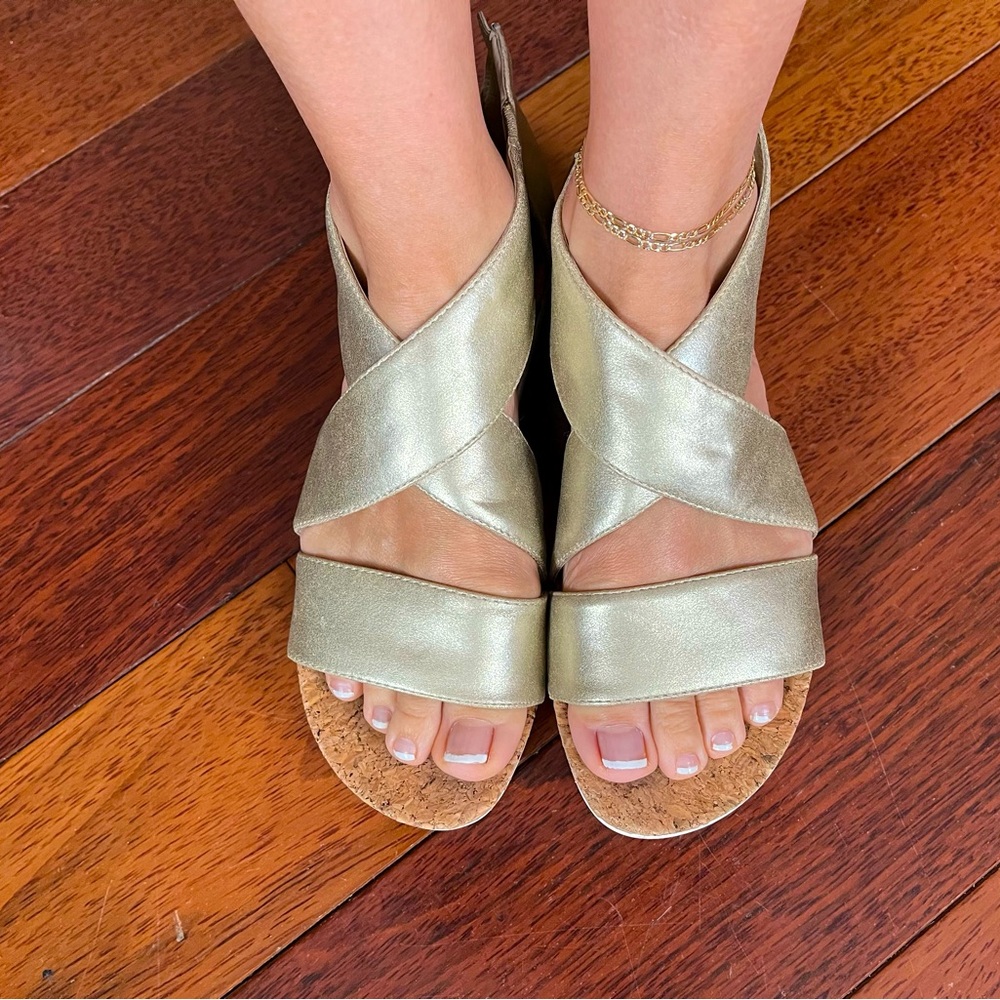 Gold leather wedge sandals